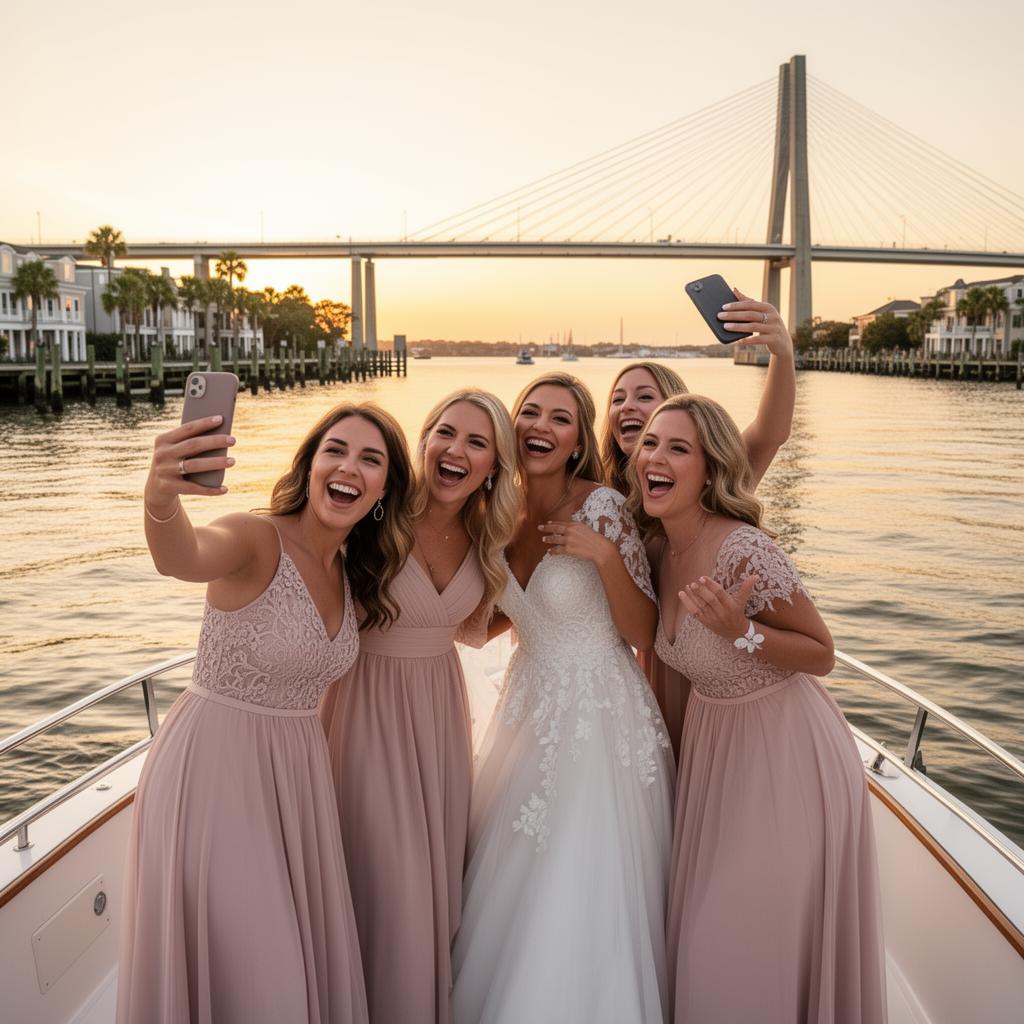 Bride and friends taking golden-hour photos on a Charleston bachelorette boat cruise