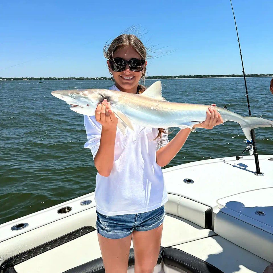 Young camper holding a small shark on a Charleston fishing charter