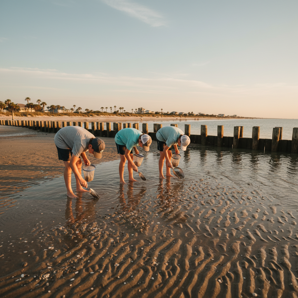 Guests walking a Lowcountry shoreline on a fossil hunt