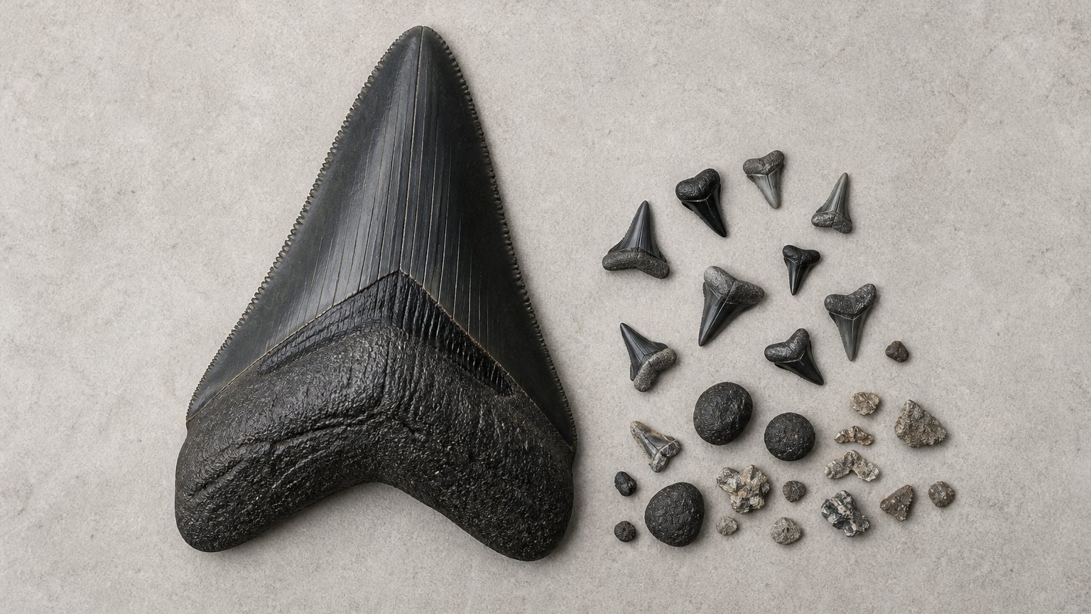 Illustration of a large black megalodon tooth beside small fossil teeth and phosphate pebbles