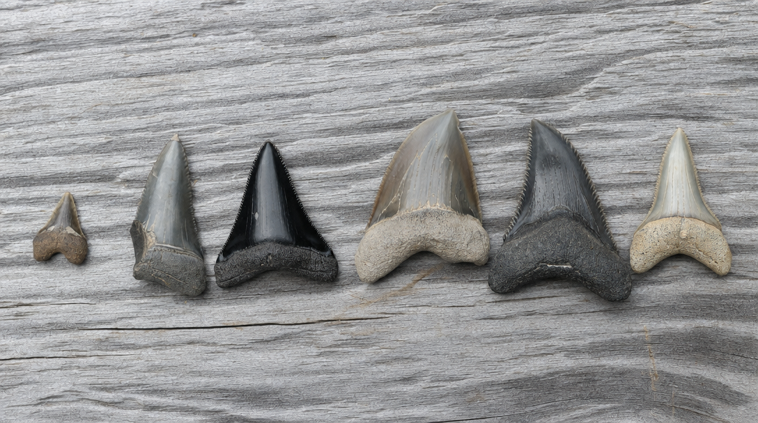 Six fossil shark teeth of different sizes, colours and wear on driftwood