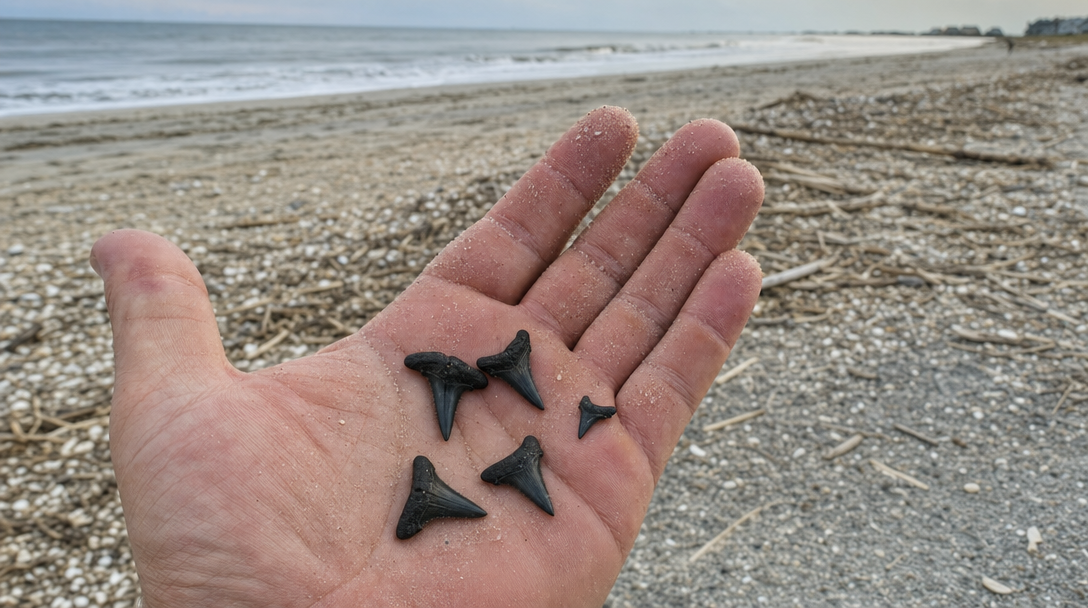 Open palm holding five small dark fossil shark teeth on a beach