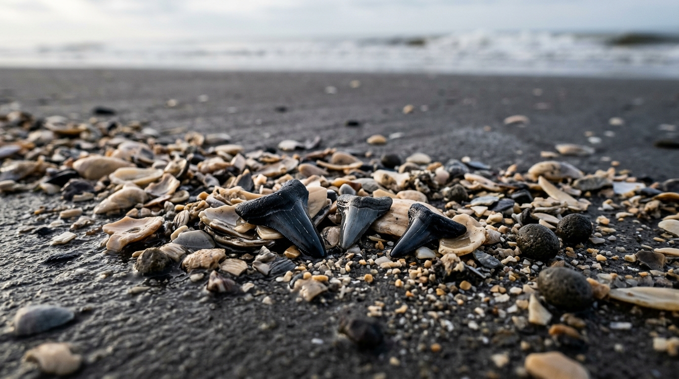 Illustration of small dark fossil shark teeth in a wet shell line