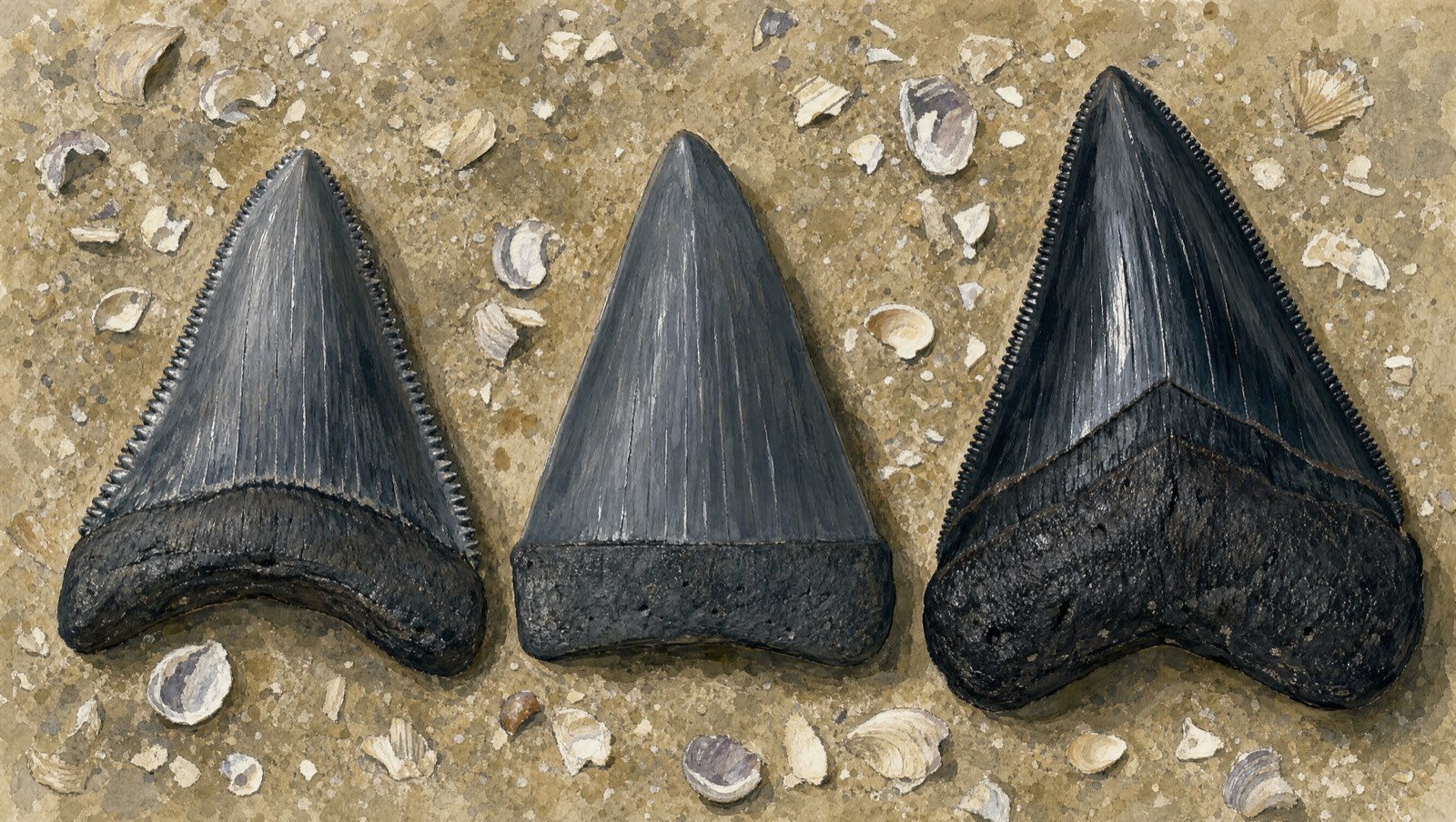 Illustration comparing fossil great white, broad-toothed mako and megalodon teeth on sand