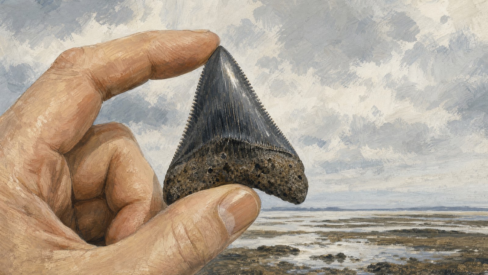 Illustration of a hand holding a fossil great white tooth, serrated edge catching light
