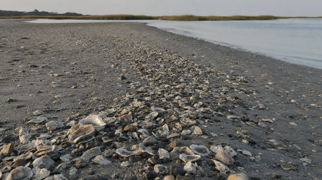 Broken shell and coarse gravel washed along wet sand at low tide