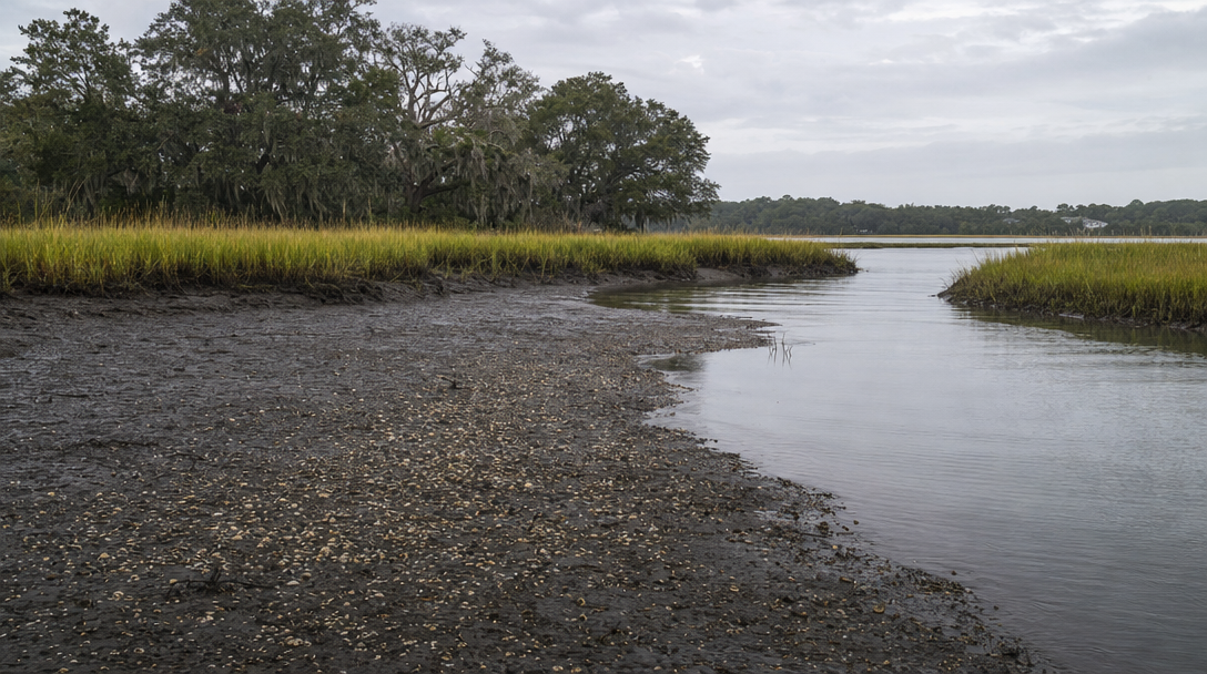 Lowcountry tidal creek at low tide with exposed dark mud and marsh grass