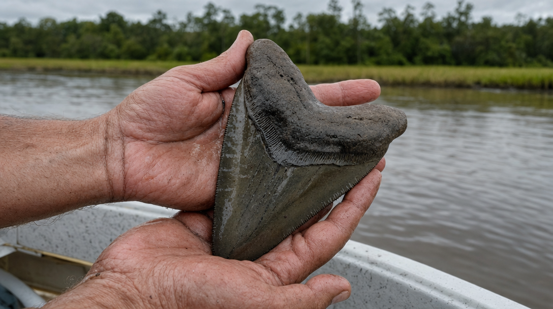 Large complete fossil megalodon tooth held in two hands on a boat