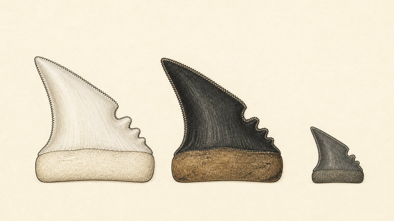 Illustration of white modern and black fossil tiger shark teeth beside a small relative
