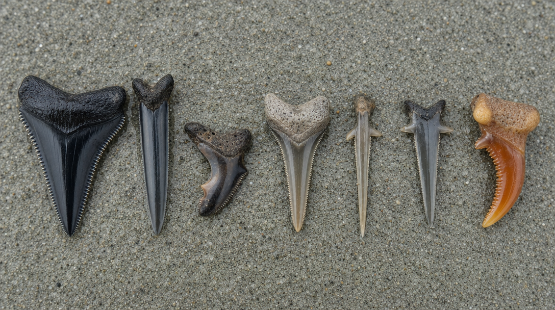 Seven fossil shark teeth showing different shapes, serrations and roots