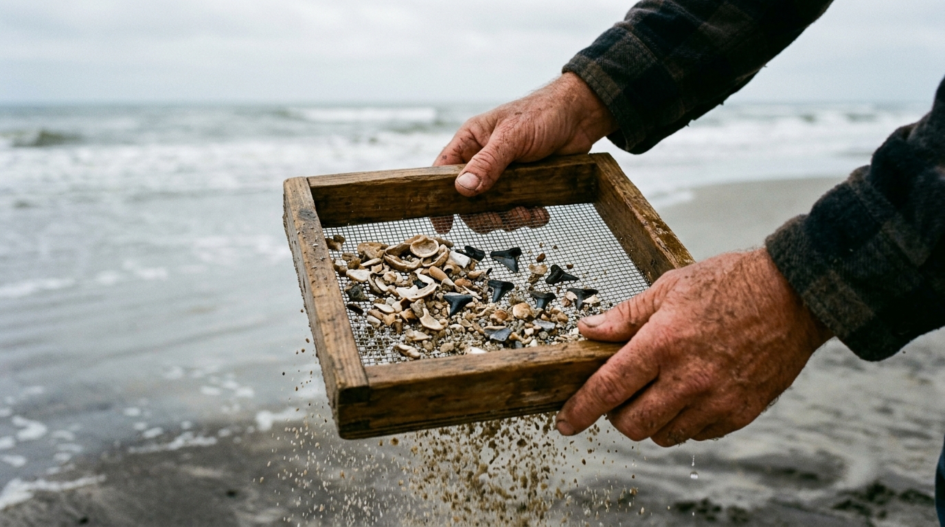 Illustration of hands shaking sand through a quarter-inch mesh sifter on a beach