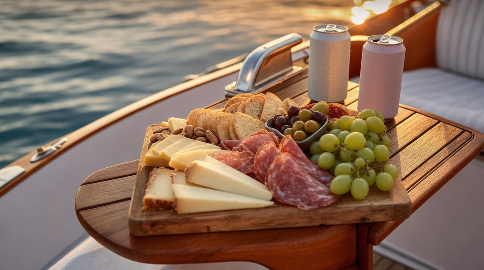 A charcuterie board and canned drinks laid out on a boat deck bench during a Charleston Harbor sunset