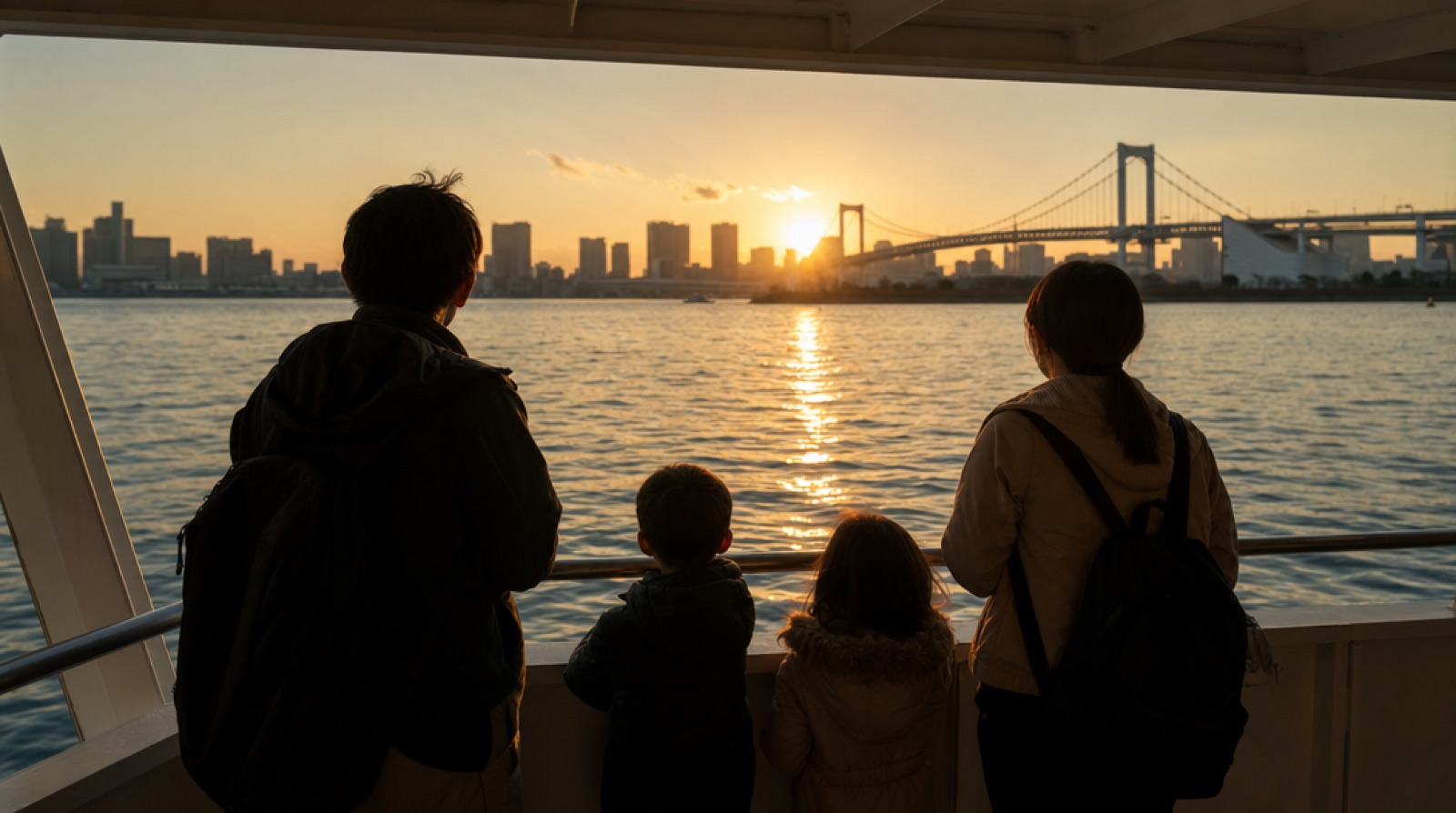 A family with two children at the rail of a tour boat on Charleston Harbor at sunset, backlit by the setting sun