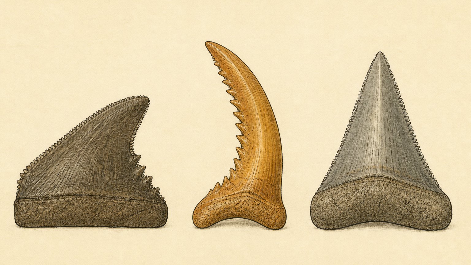 Illustration comparing a tiger shark tooth, a snaggletooth and a great white tooth